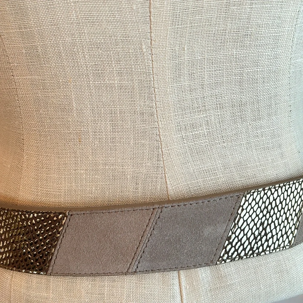 White House Black Market tan suede and gold snakeskin patchwork leather belt